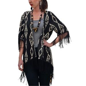 RUMORS Womens Boho Open Front Cardigan Fringed Black/White Geometric Abs…